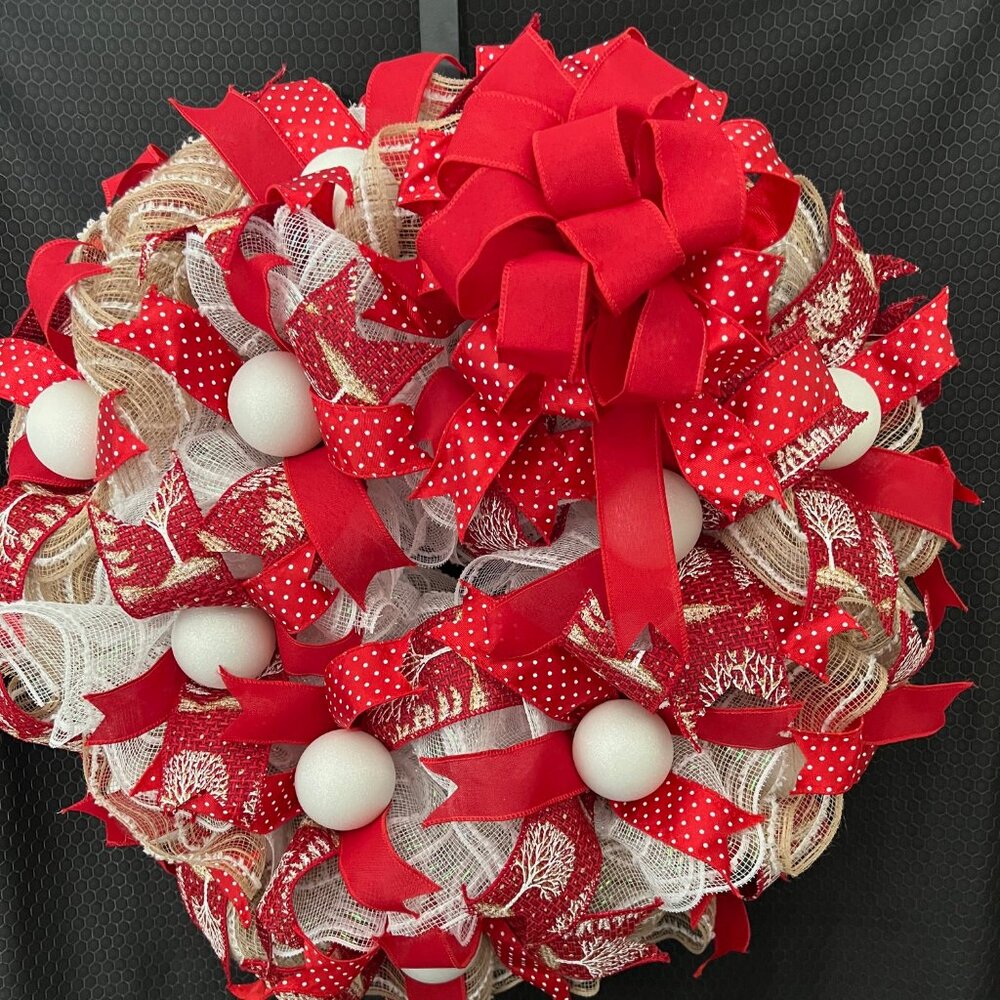 Bright Red Ribbon Deco Mesh Wreath with Snowballs and Bow